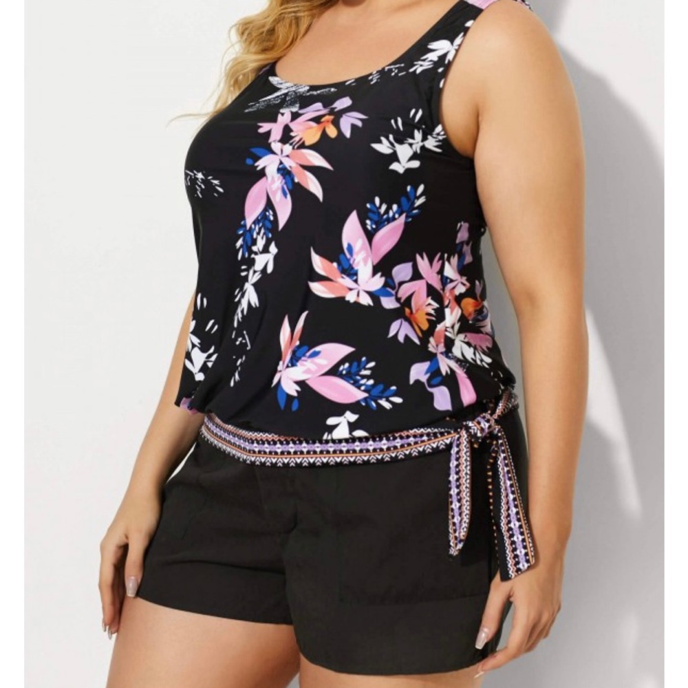 Black Tribal Pattern Side Tie Tankini Top w bottom